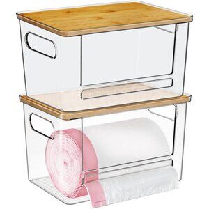 Trash Bag Dispenser 2 Pack, Acrylic Garbage Bags Dispenser with Bamboo Top, Extr